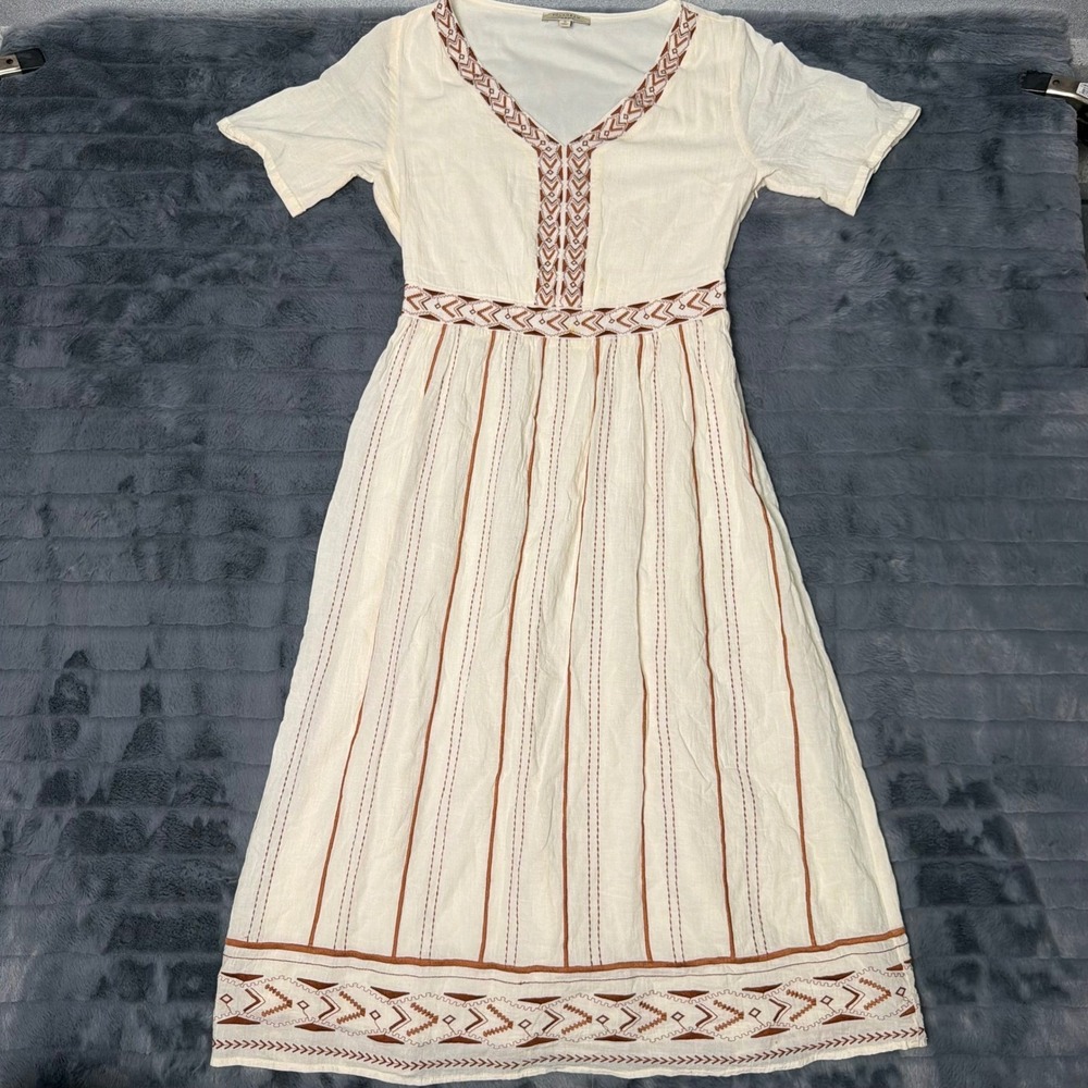 Polagram Cream Cotton Embroidered Midi Dress V-Neck Boho PSD2462 Small